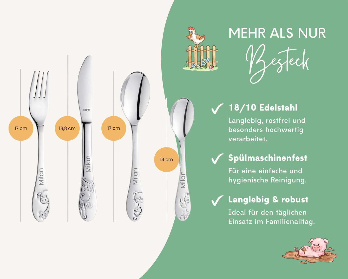 Kinderbesteck personalisiert Bauernhof mit Frühstücksbrett