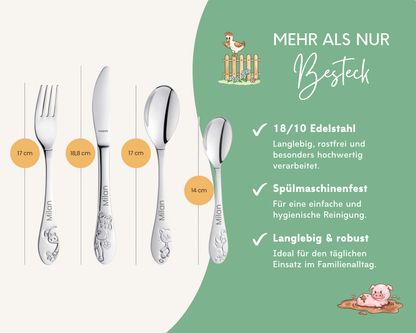 Kinderbesteck personalisiert Bauernhof mit Frühstücksbrett