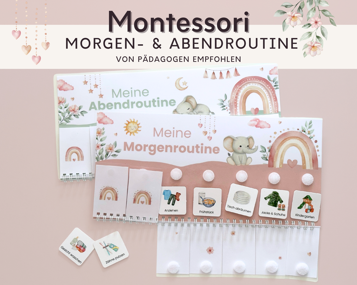 Montessori Routineplaner Rosa Elefant mit Morgenroutine und Abendroutine, Symbolkarten und Klettpunkten von Printshade
