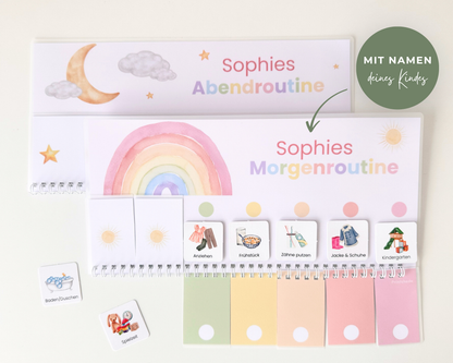 Routineplaner personalisiert mit dem Namen des Kindes, Morgenroutine und Abendroutine mit Symbolkarten wie Anziehen, Frühstück und Zähne putzen