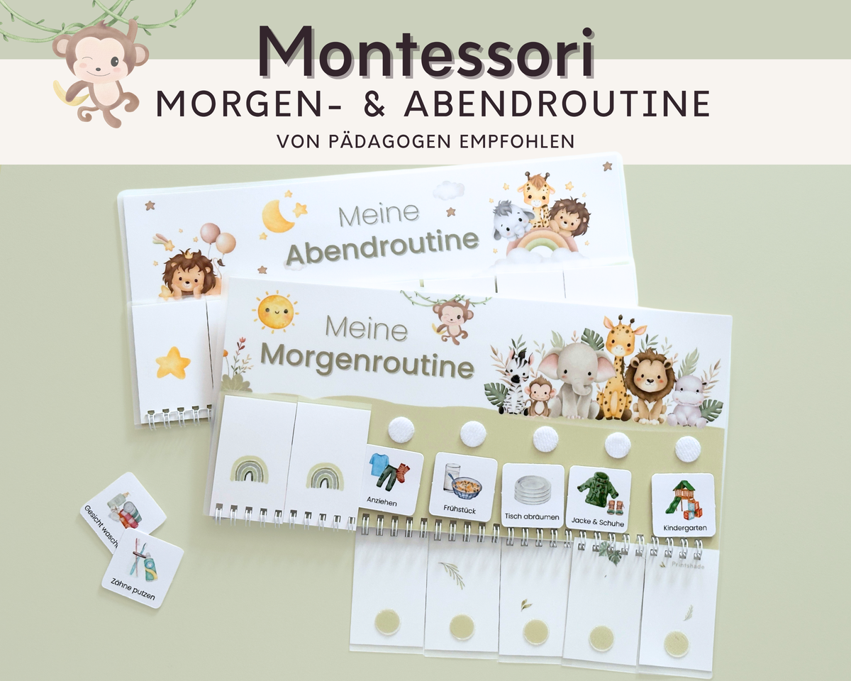 Montessori Routineplaner Safari mit Morgenroutine und Abendroutine, Symbolkarten und Klettpunkten von Printshade