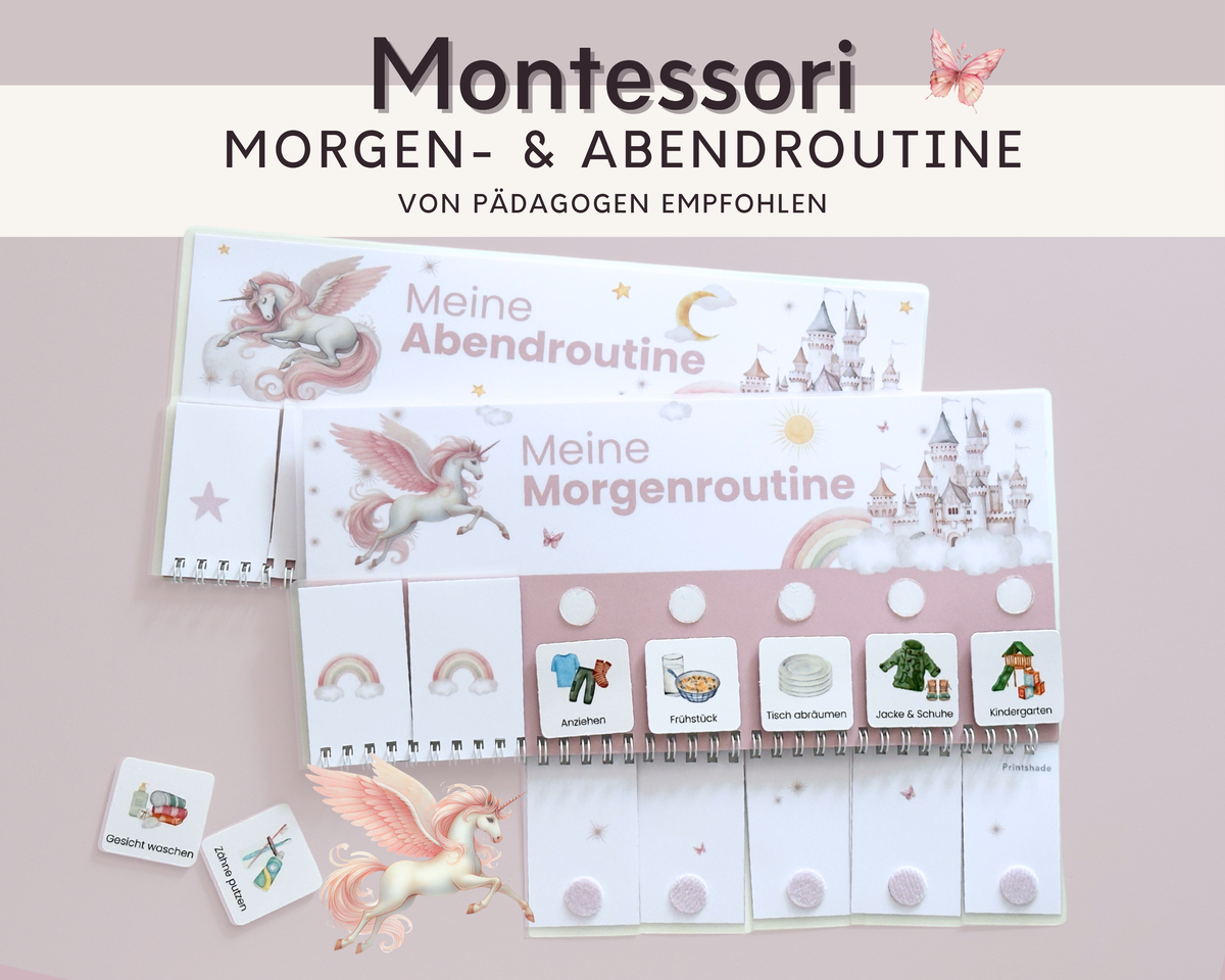 Montessori Routineplaner Einhorn mit Morgenroutine und Abendroutine, Symbolkarten und Klettpunkten von Printshade