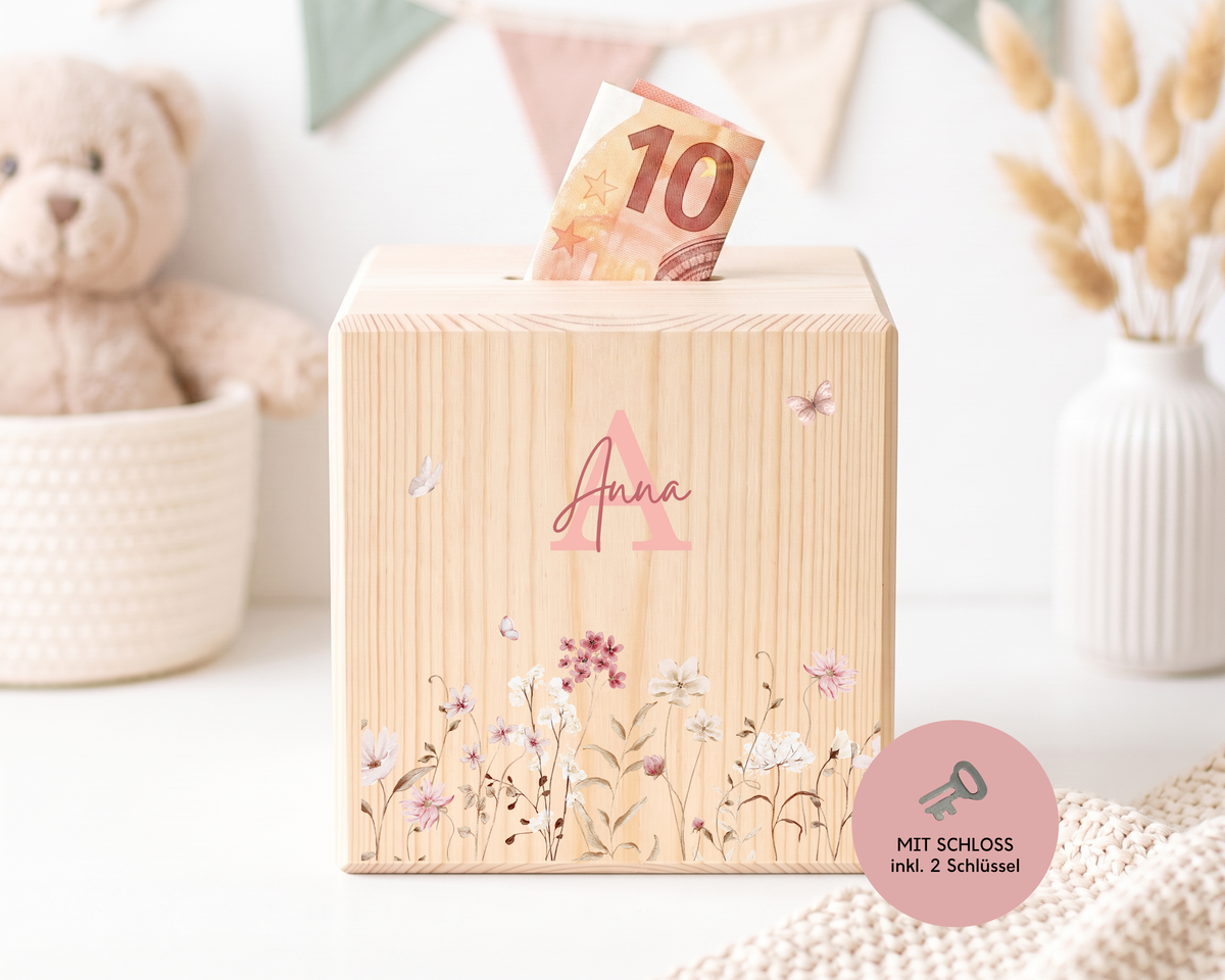 Holzspardose Blumen Rosa personalisiert mit Namen aus Kiefernholz, abschließbar mit zwei Schlüsseln