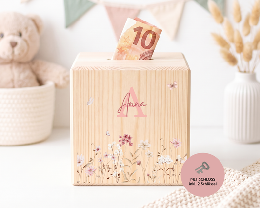 Holzspardose personalisiert Blumen Rosa