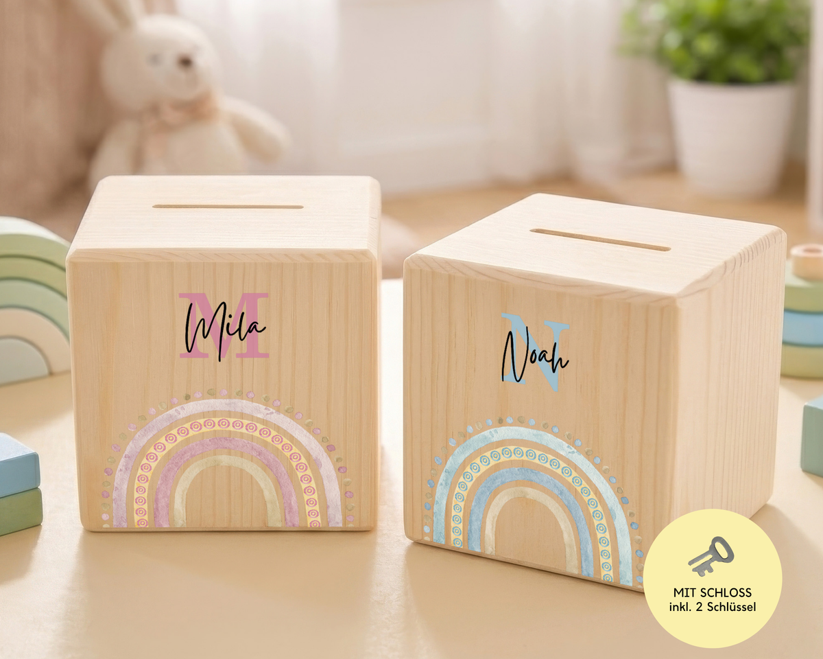 Holzspardose Regenbogen personalisiert mit Namen aus Kiefernholz, abschließbar mit zwei Schlüsseln