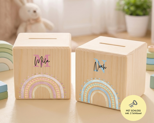 Holzspardose personalisiert Regenbogen