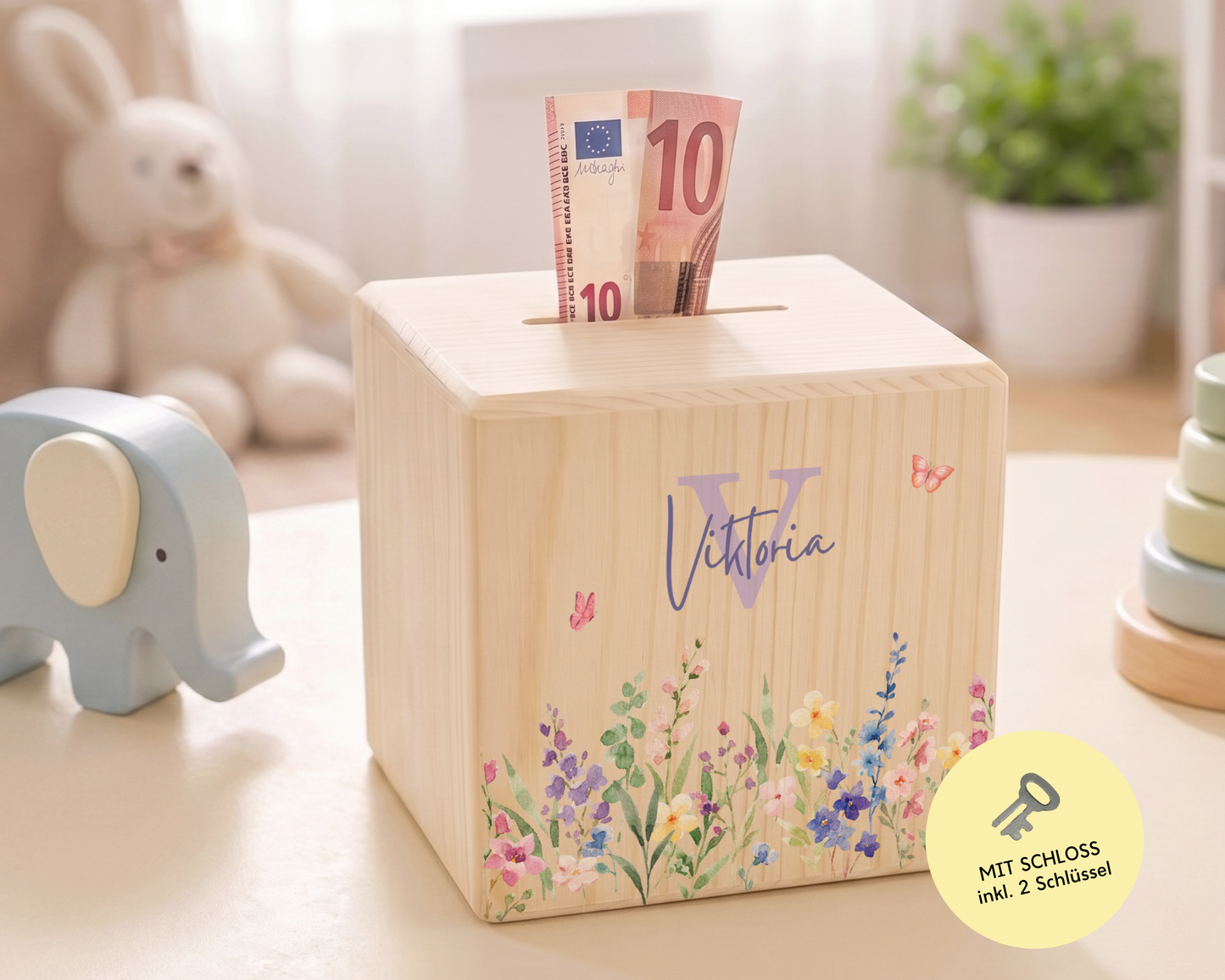 Personalisierte Holzspardose Blumenwiese Lila