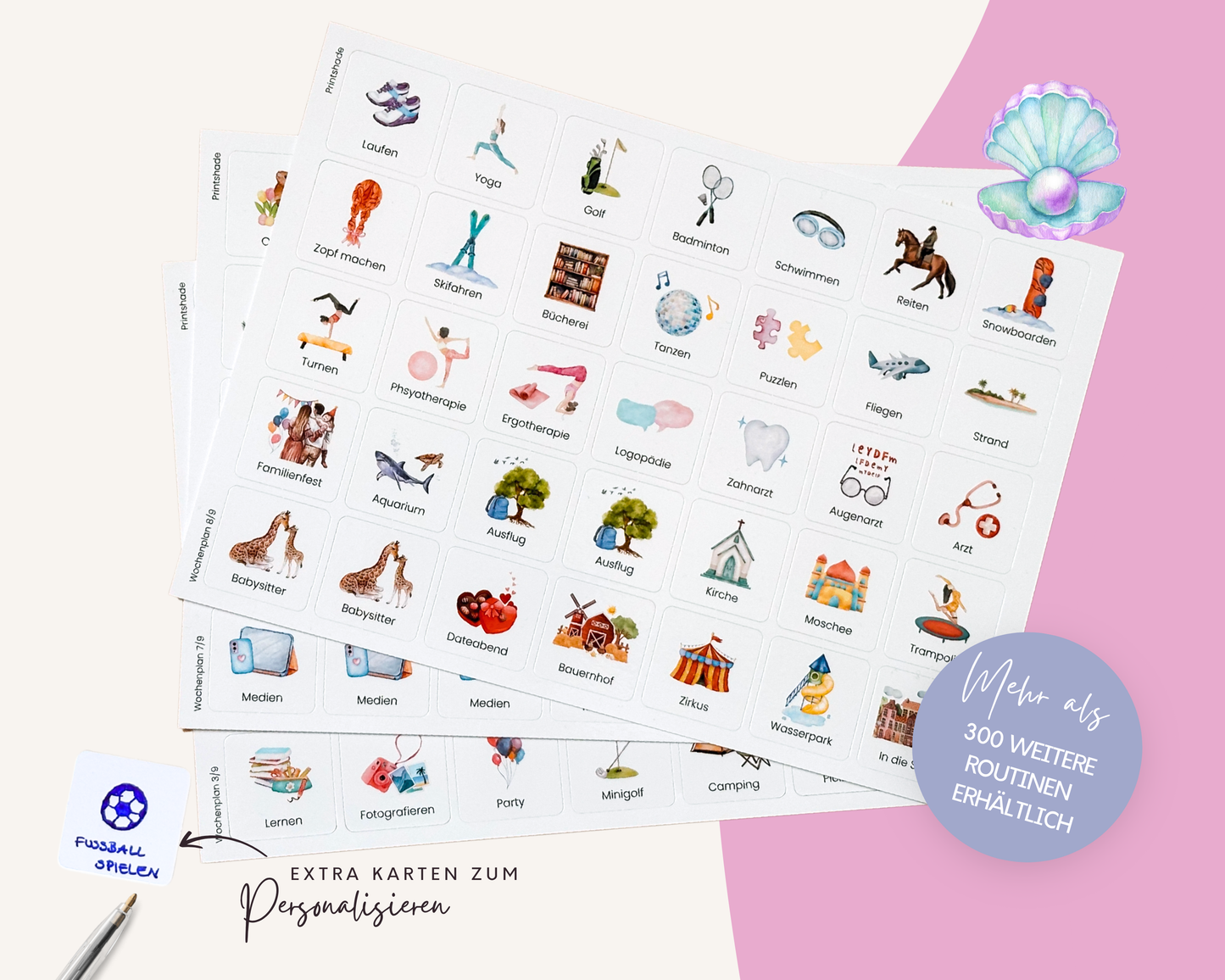 Wochenplaner inkl. Symbolkarten - Design MEERJUNFRAU PINK - Personalisierbar