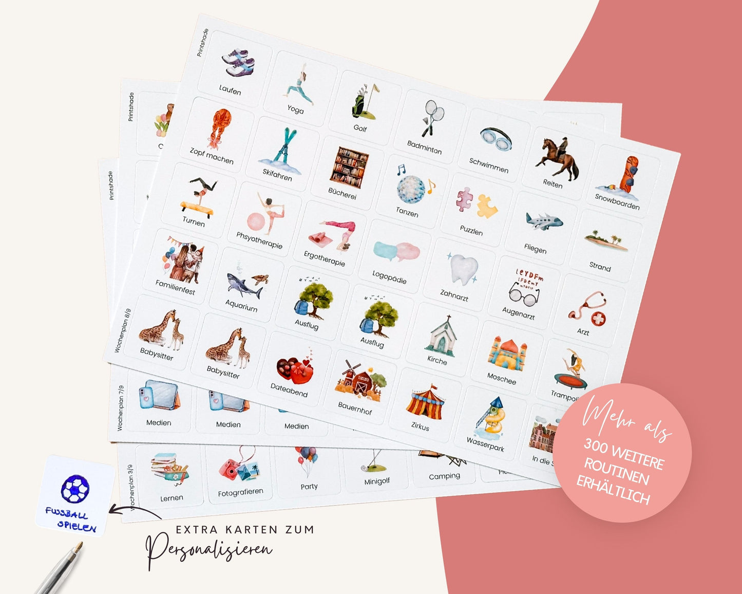 Wochenplaner inkl. Symbolkarten - Design MEERJUNFRAU ROT - Personalisierbar