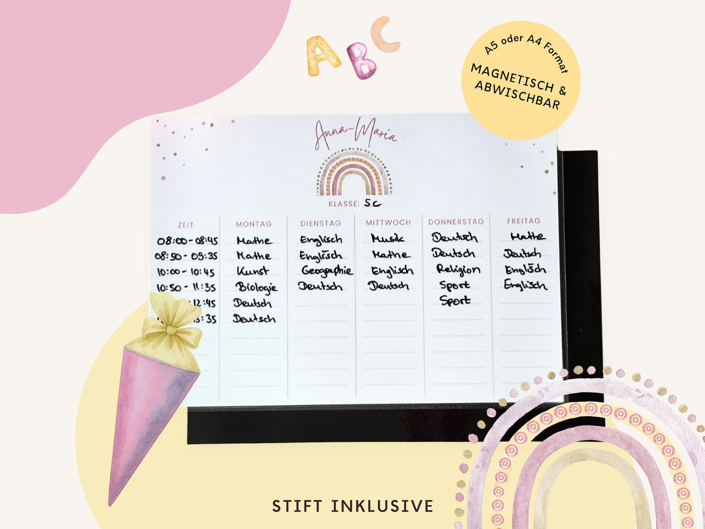 Stundenplan Magnet personalisierbar - Design REGENBOGEN ROSA