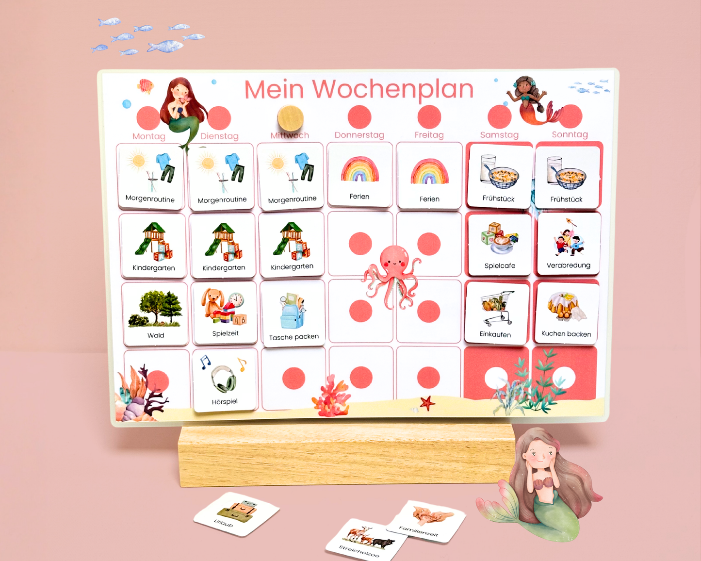 Wochenplaner inkl. Symbolkarten - Design MEERJUNFRAU ROT - Personalisierbar