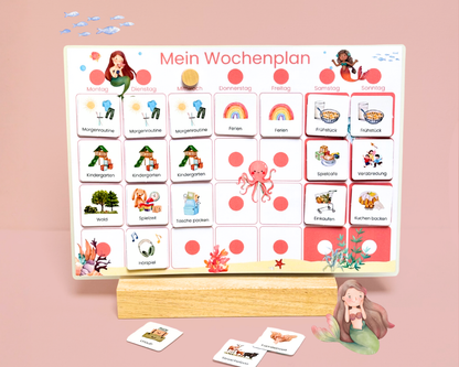 Wochenplaner inkl. Symbolkarten - Design MEERJUNFRAU ROT - Personalisierbar