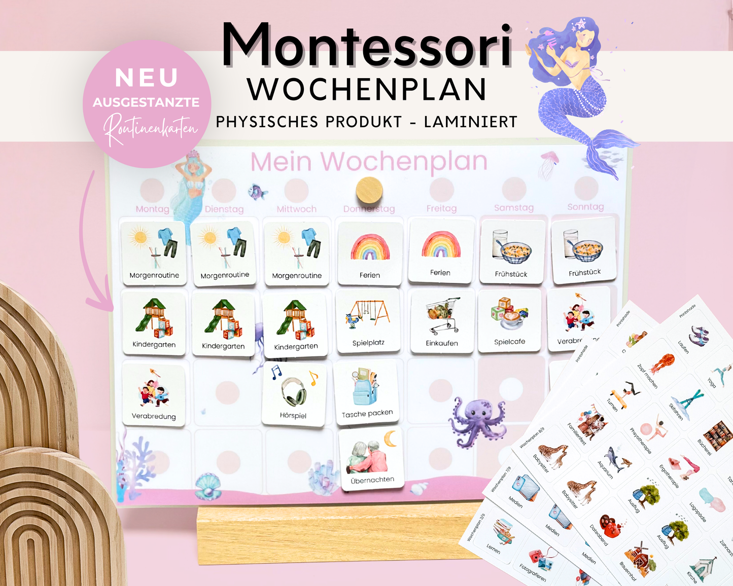 Wochenplaner inkl. Symbolkarten - Design MEERJUNFRAU PINK - Personalisierbar