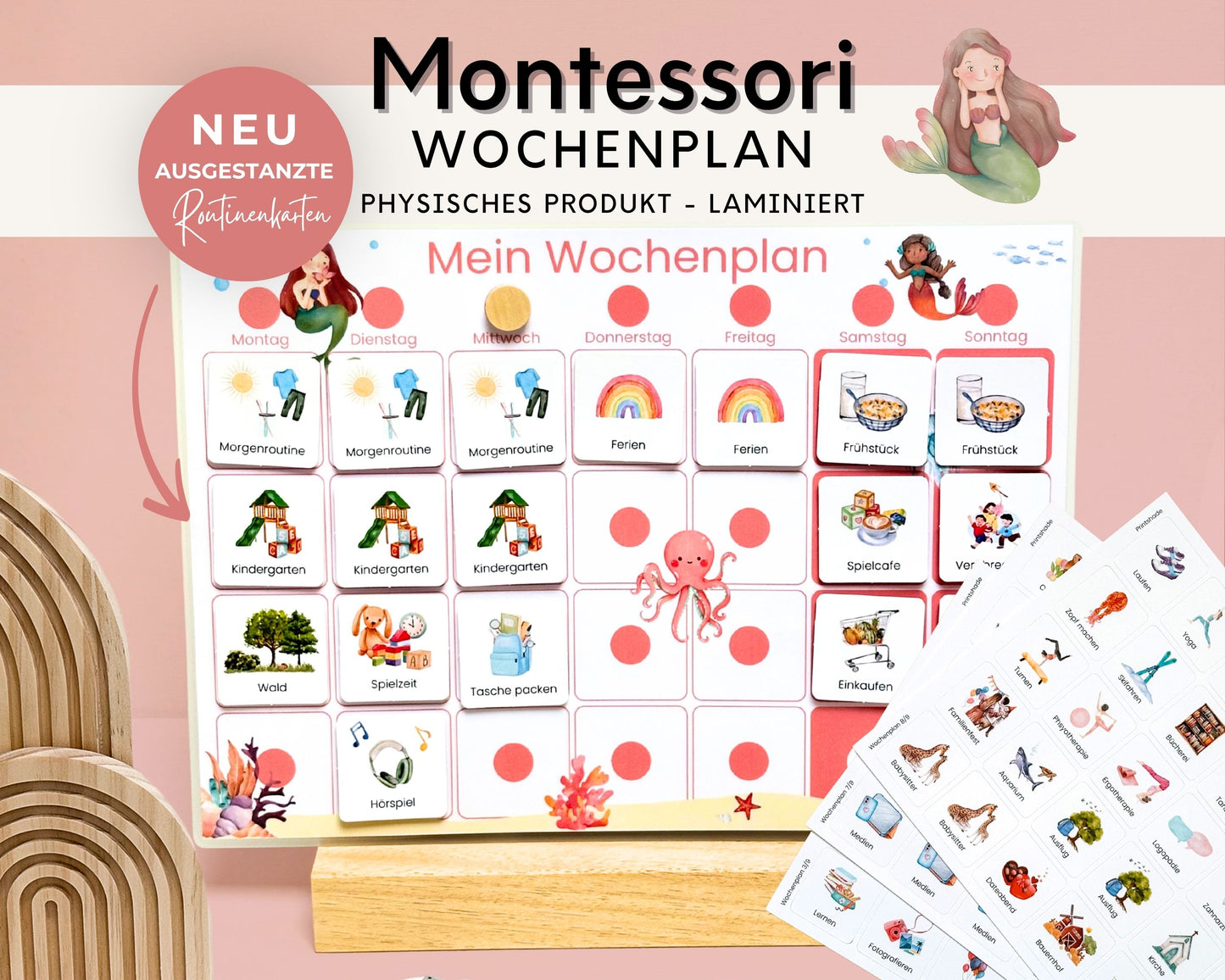 Wochenplaner inkl. Symbolkarten - Design MEERJUNFRAU ROT - Personalisierbar