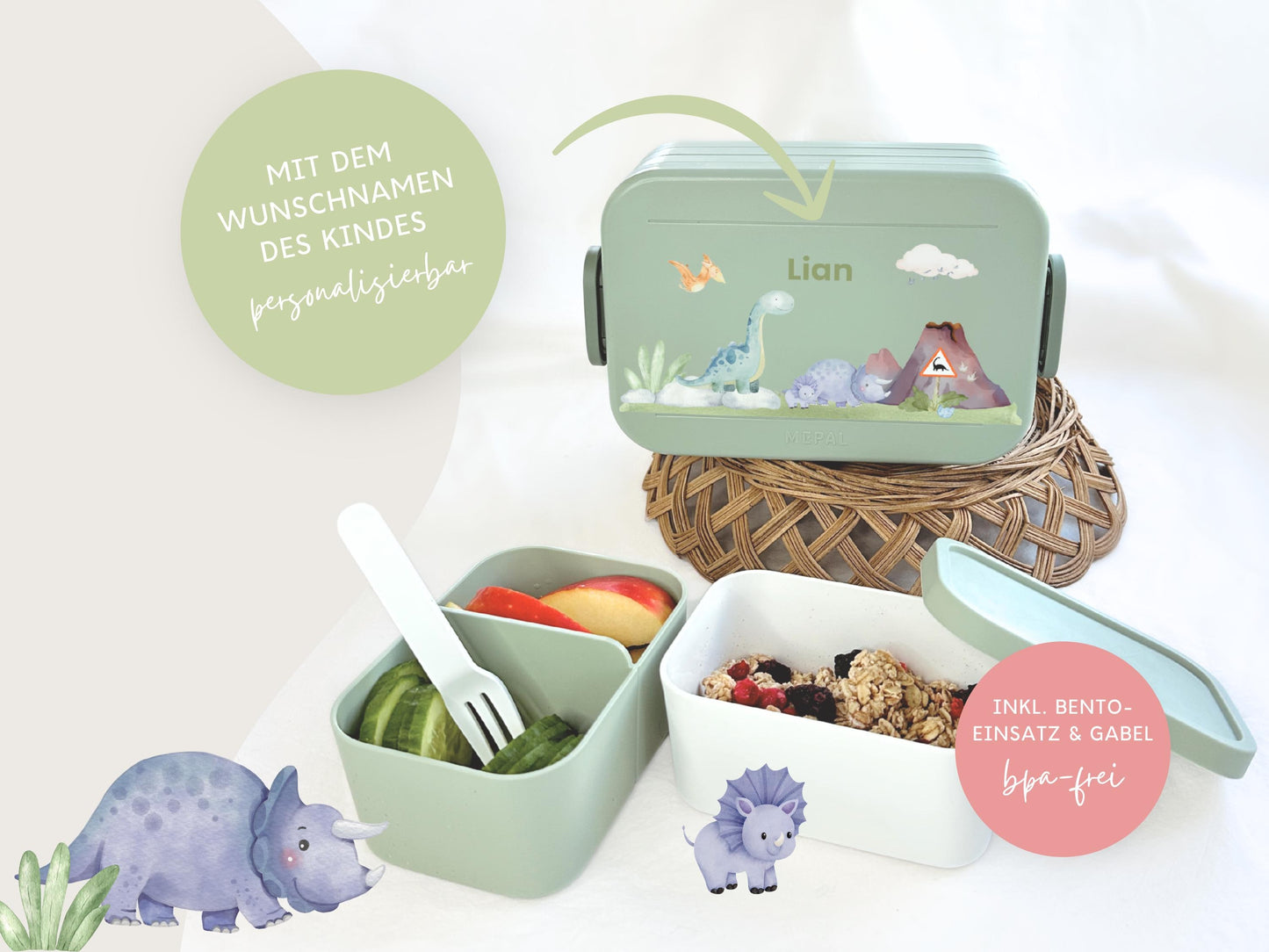 Mepal Brotdose mit Name personalisierbar - Design DINOSAURIER - Verschiedene Farben
