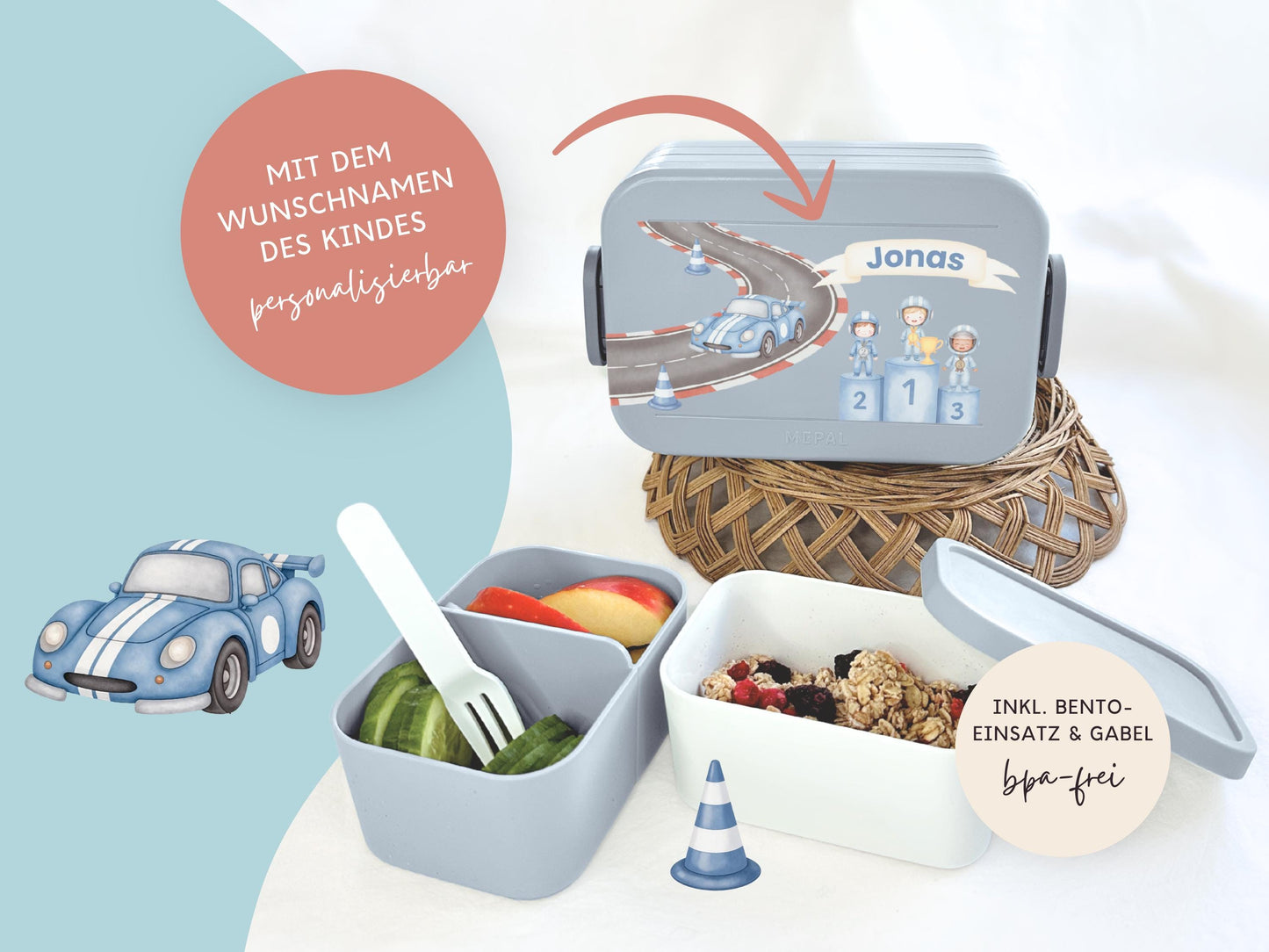 Mepal Brotdose mit Name personalisierbar - Design AUTO - Verschiedene Farben