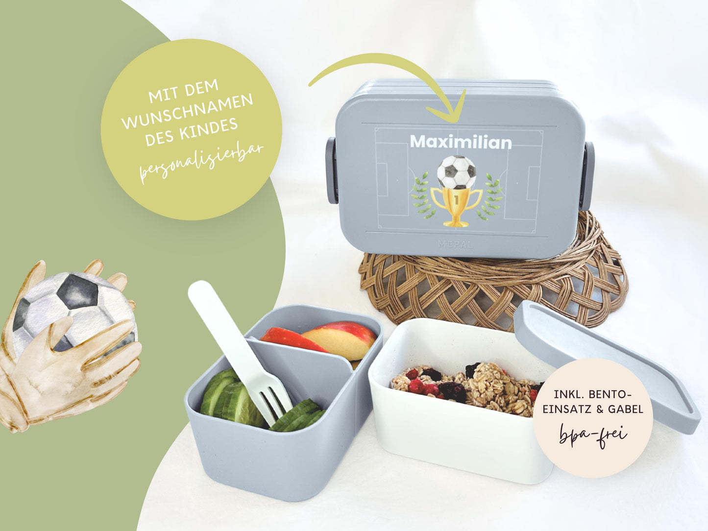 Mepal Brotdose mit Name personalisierbar - Design FUSSBALL - Verschiedene Farben