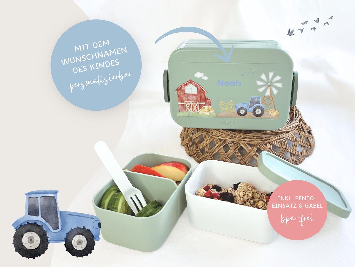 Mepal Brotdose mit Name personalisierbar - Design TRAKTOR BLAU - Verschiedene Farben