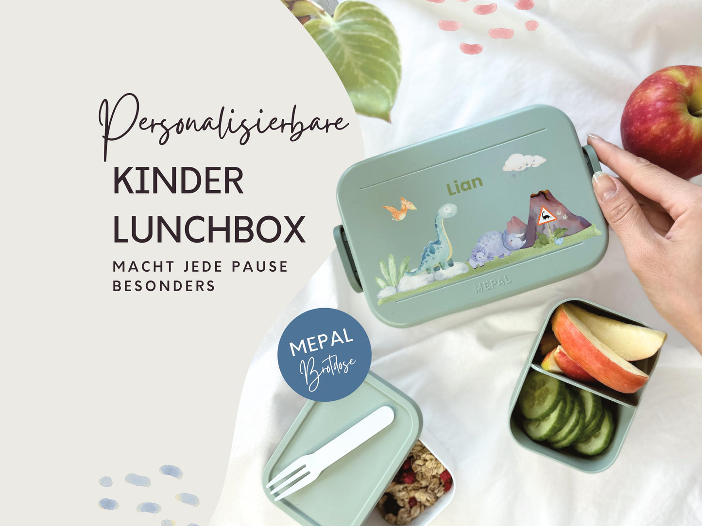 Mepal Brotdose mit Name personalisierbar - Design DINOSAURIER - Verschiedene Farben