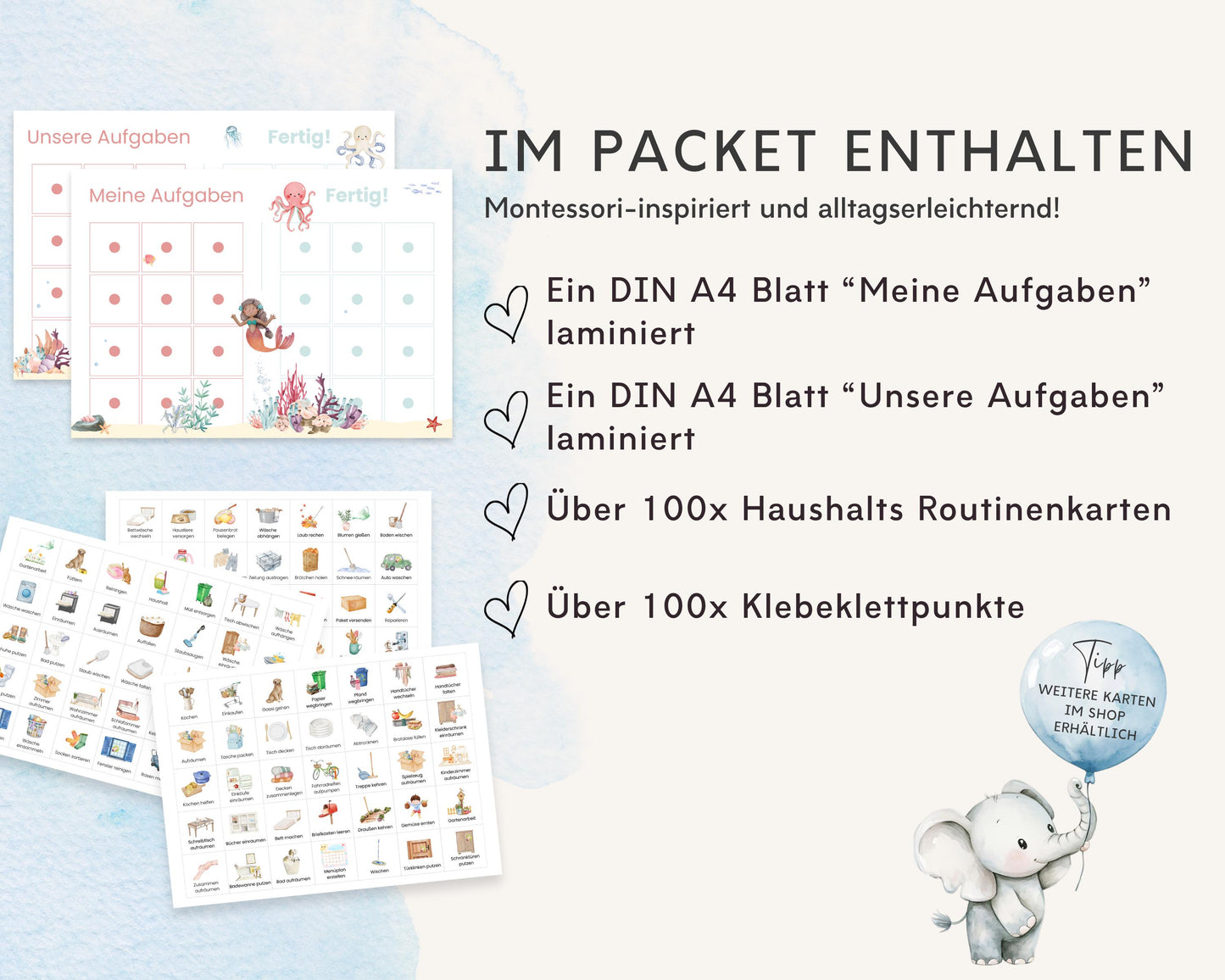 Haushaltsplan To-Do-Liste inkl. Symbolkarten - Design MEERJUNGRAU ROT