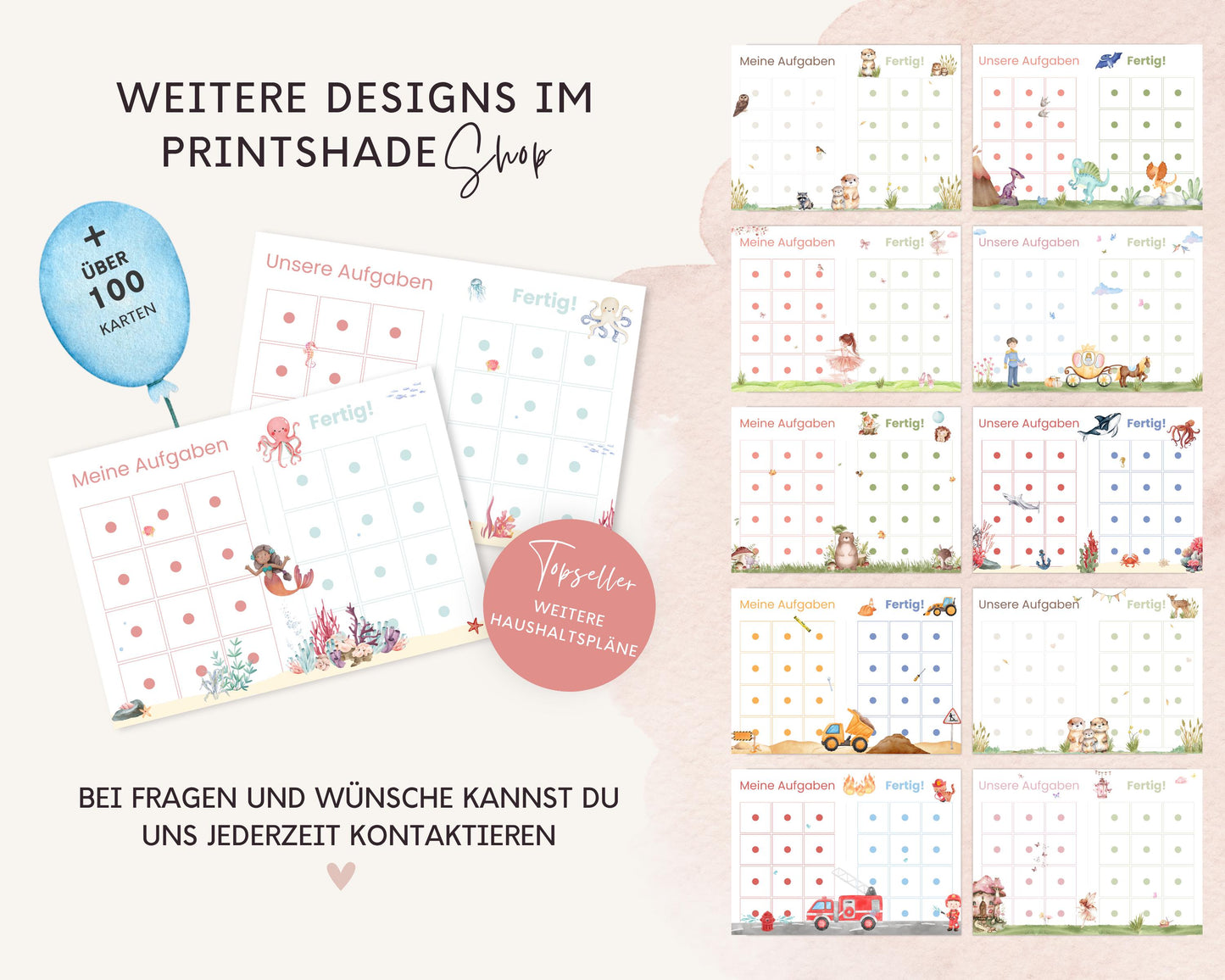 Haushaltsplan To-Do-Liste inkl. Symbolkarten - Design MEERJUNGRAU ROT