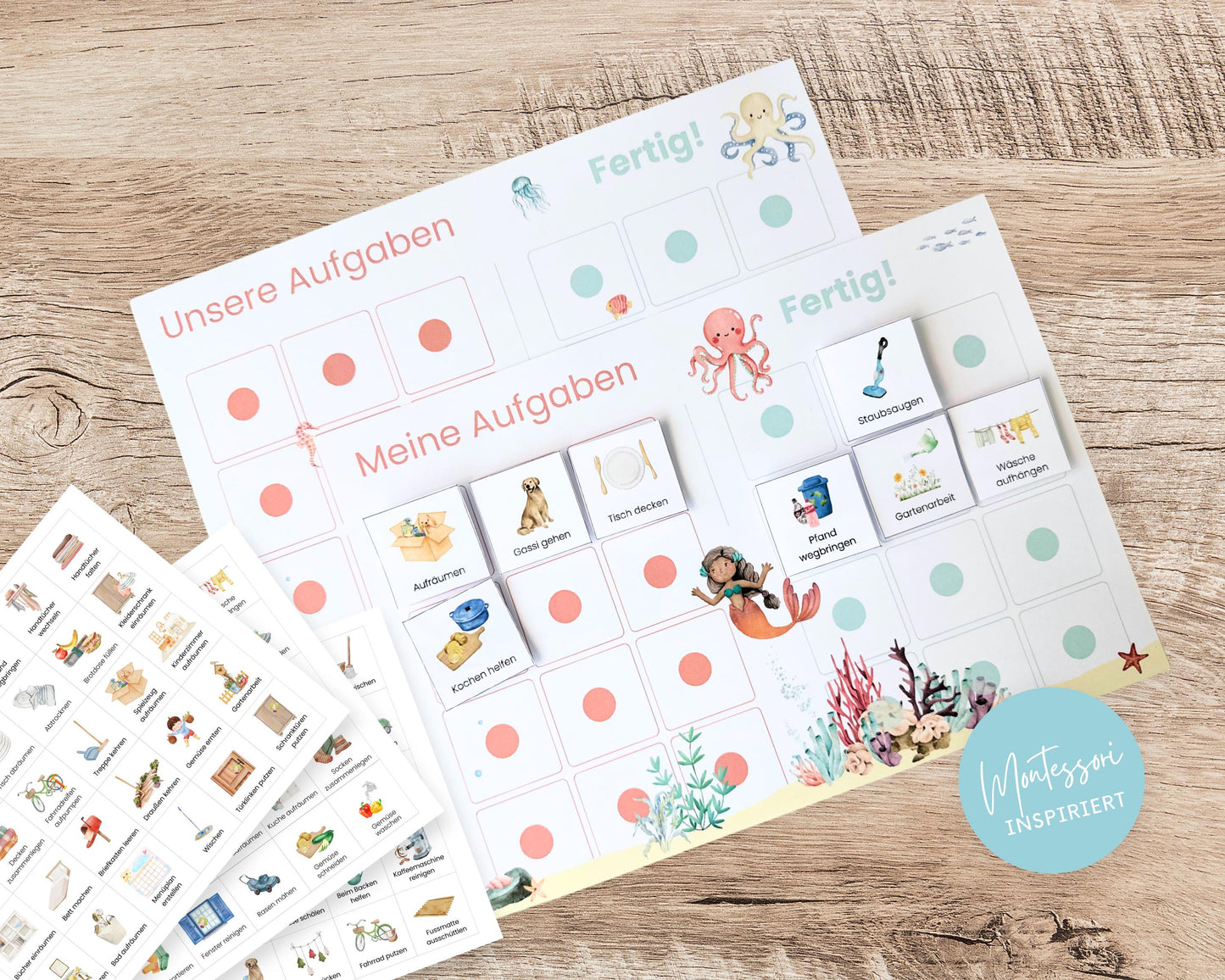 Haushaltsplan To-Do-Liste inkl. Symbolkarten - Design MEERJUNGRAU ROT