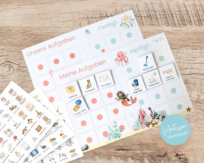 Haushaltsplan To-Do-Liste inkl. Symbolkarten - Design MEERJUNGRAU ROT