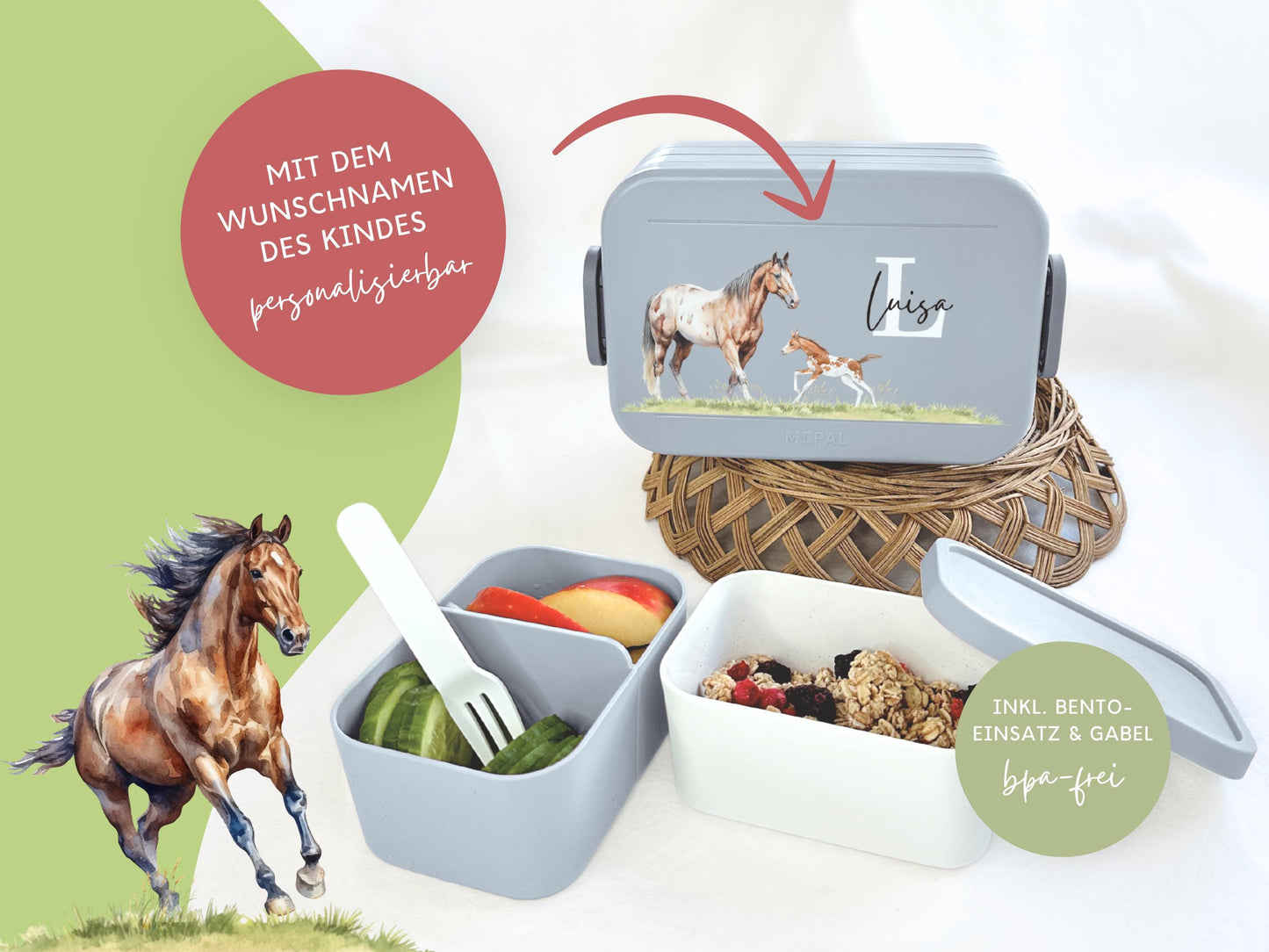 Mepal Brotdose mit Name personalisierbar - Design PFERDE - Verschiedene Farben
