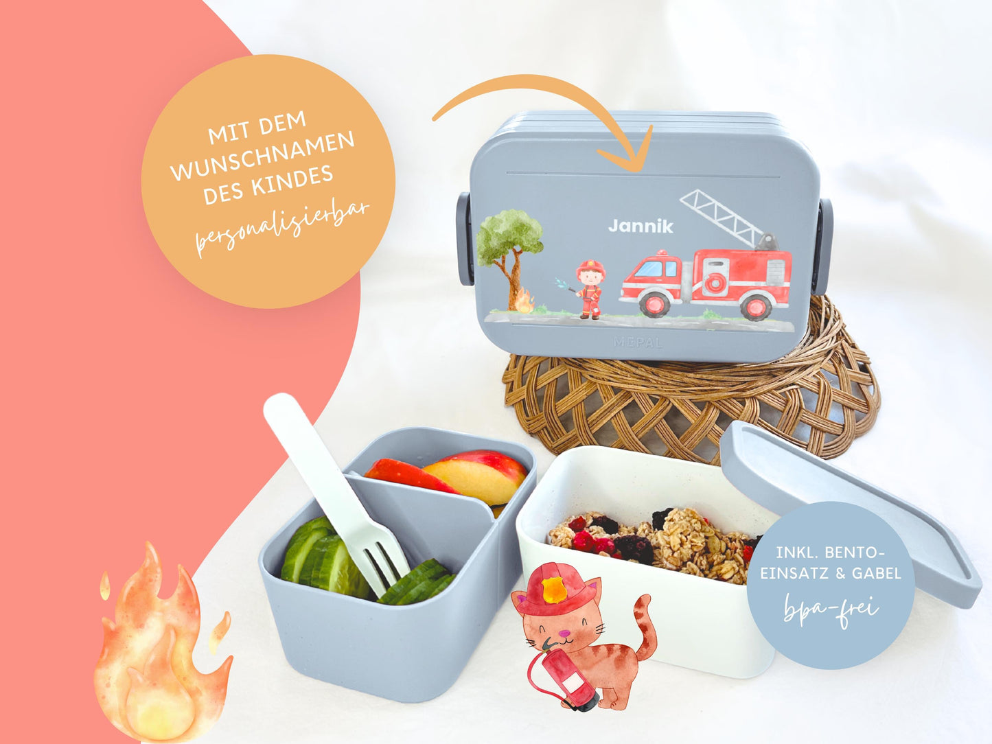 Mepal Brotdose mit Name personalisierbar - Design FEUERWEHR - Verschiedene Farben