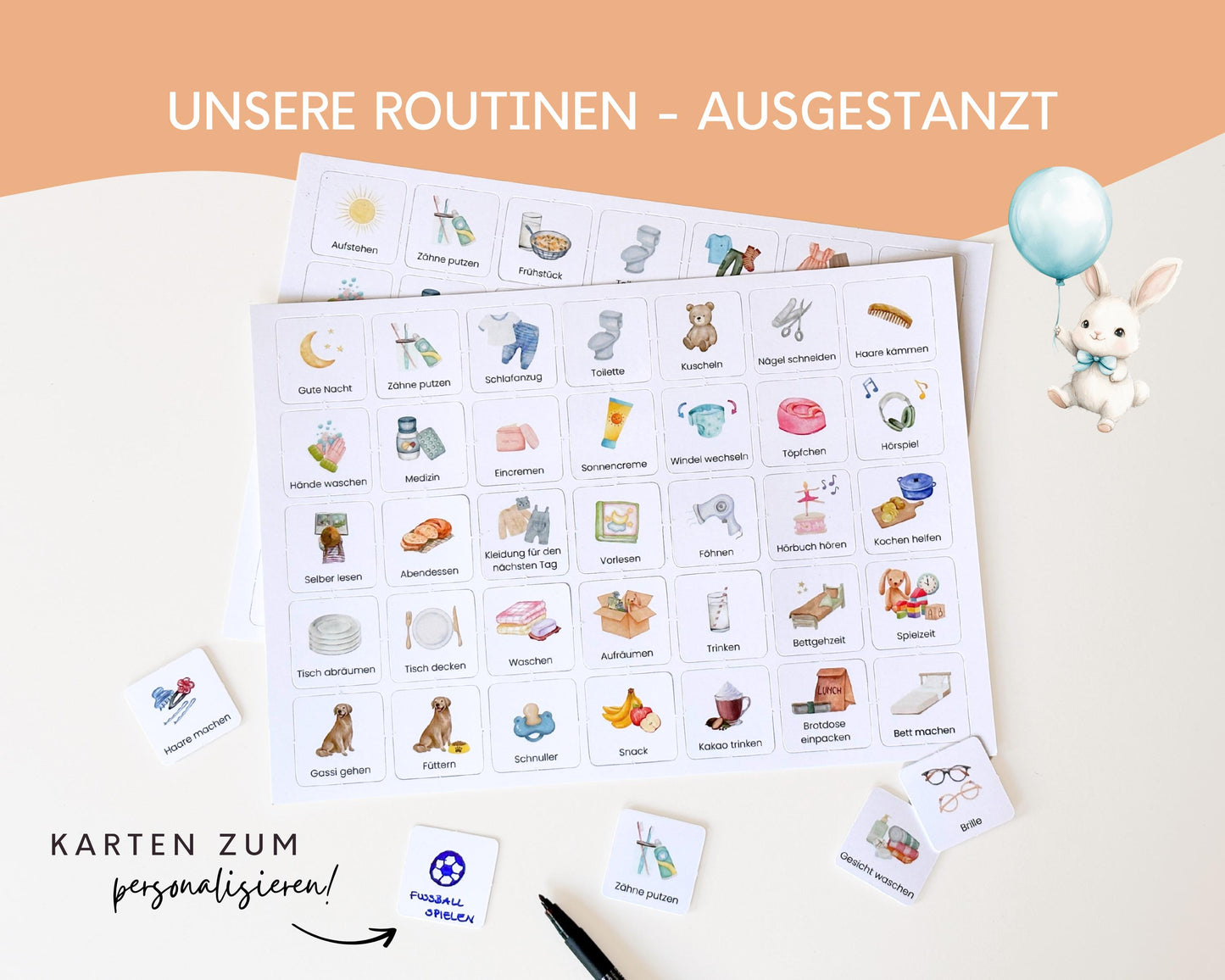 Routineplaner Montessori inkl. Symbolkarten - Design LUFTBALLON TIERE - Personalisierbar