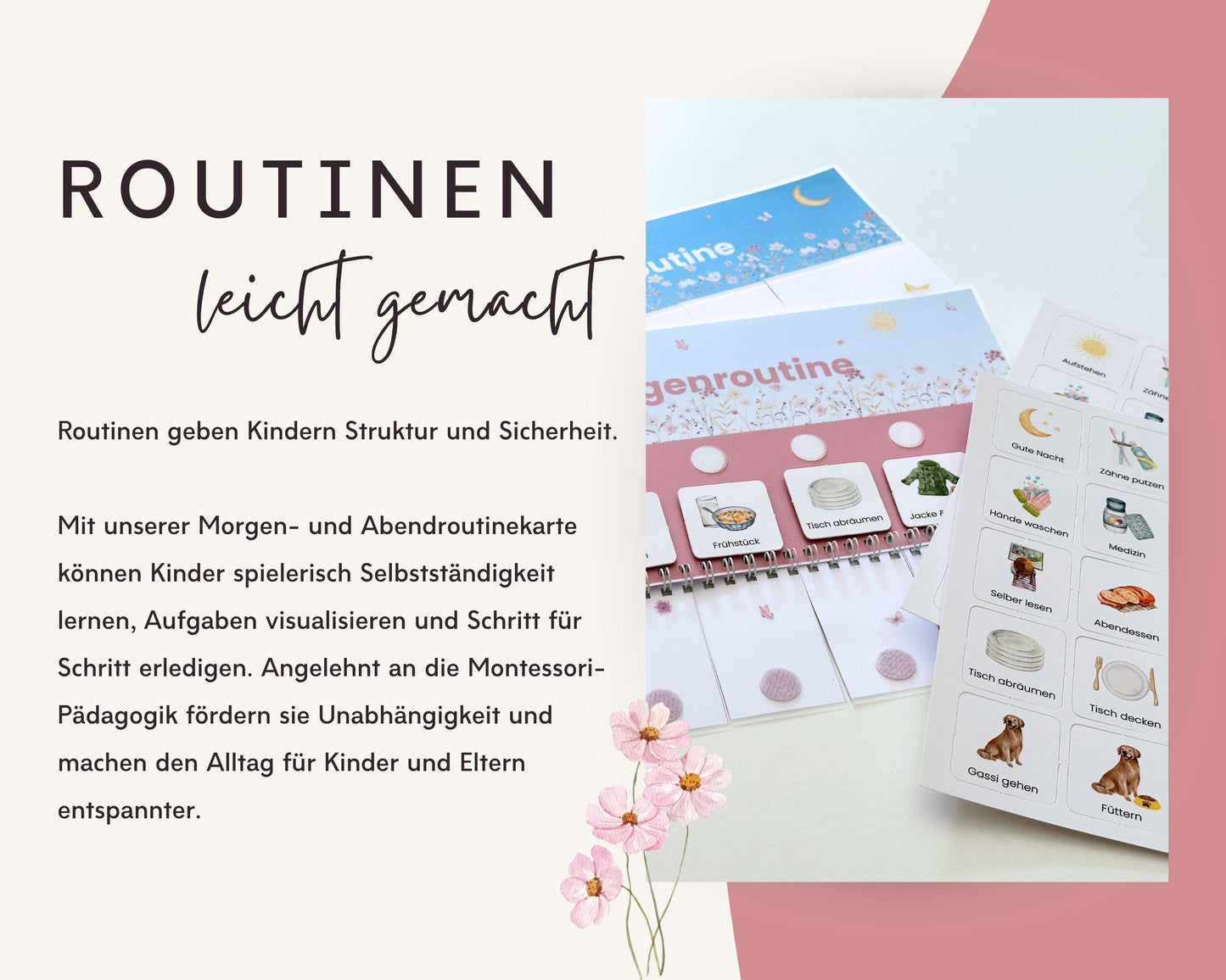 Routineplaner Montessori inkl. Symbolkarten - Design BLUMEN - Personalisierbar