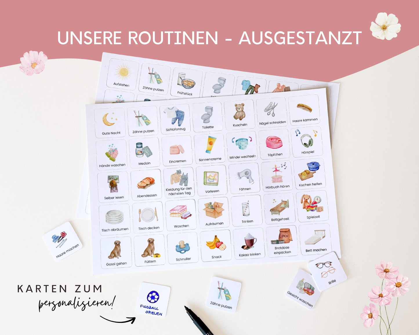 Routineplaner Montessori inkl. Symbolkarten - Design BLUMEN - Personalisierbar