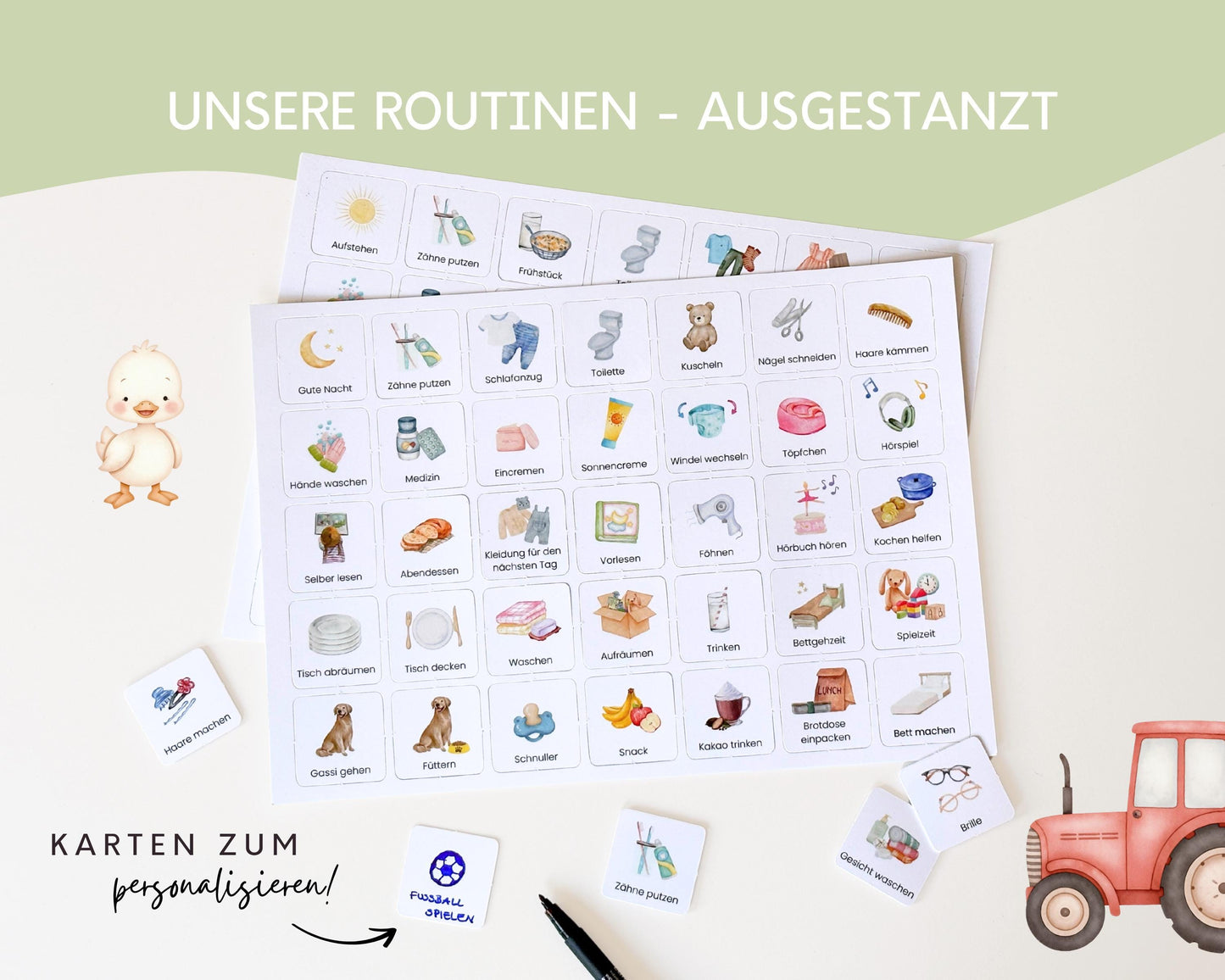 Routineplaner Montessori inkl. Symbolkarten - Design TRAKTOR - Personalisierbar