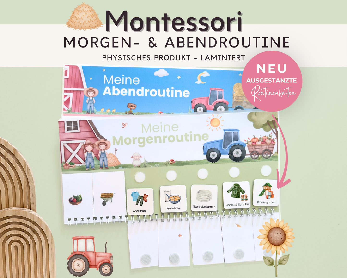 Routineplaner Montessori inkl. Symbolkarten - Design TRAKTOR - Personalisierbar