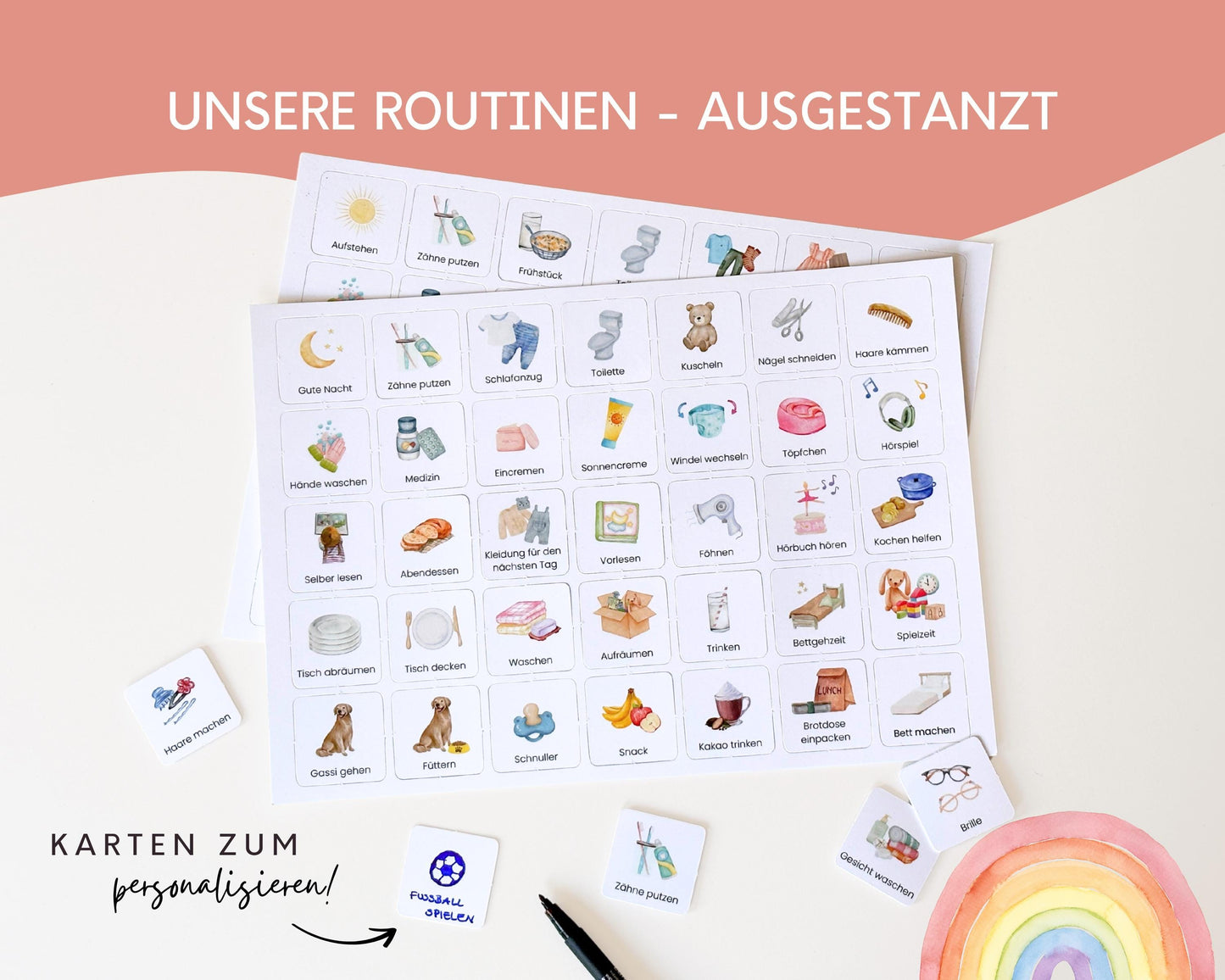 Routineplaner Montessori inkl. Symbolkarten - Design REGENBOGEN - Personalisierbar