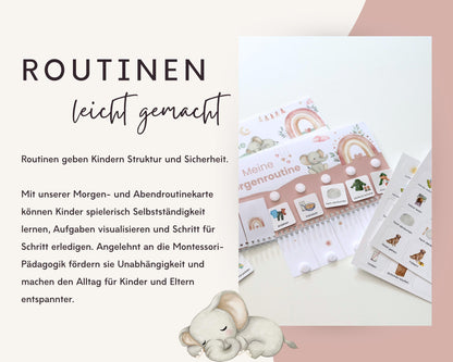 Routineplaner Montessori inkl. Symbolkarten - Design ROSA ELEFANT - Personalisierbar