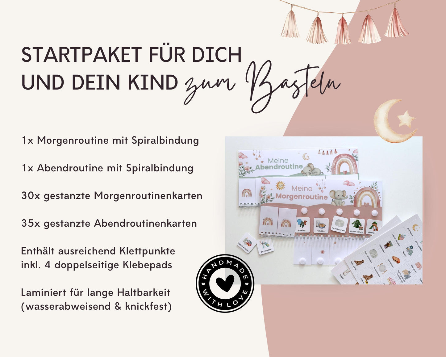 Routineplaner Montessori inkl. Symbolkarten - Design ROSA ELEFANT - Personalisierbar
