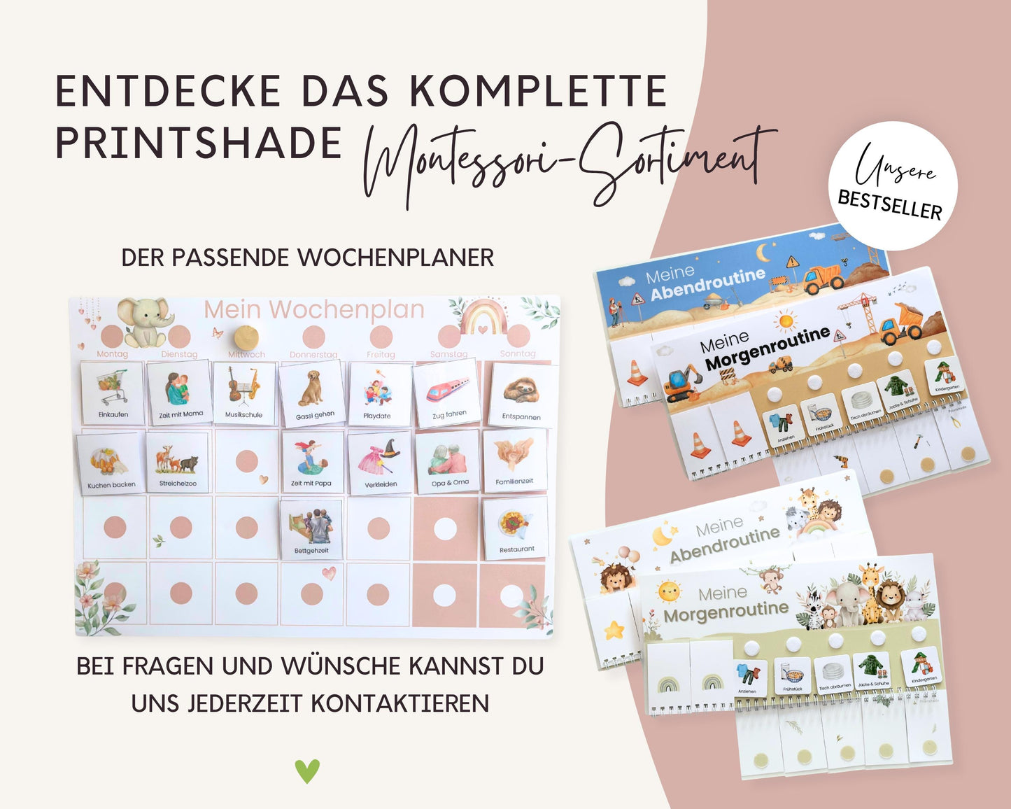 Routineplaner Montessori inkl. Symbolkarten - Design ROSA ELEFANT - Personalisierbar