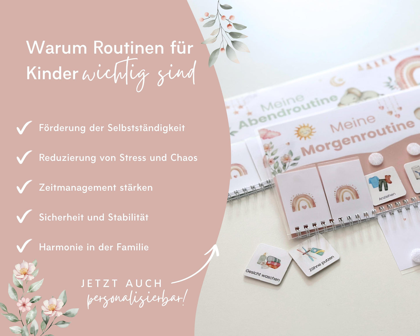 Routineplaner Montessori inkl. Symbolkarten - Design ROSA ELEFANT - Personalisierbar