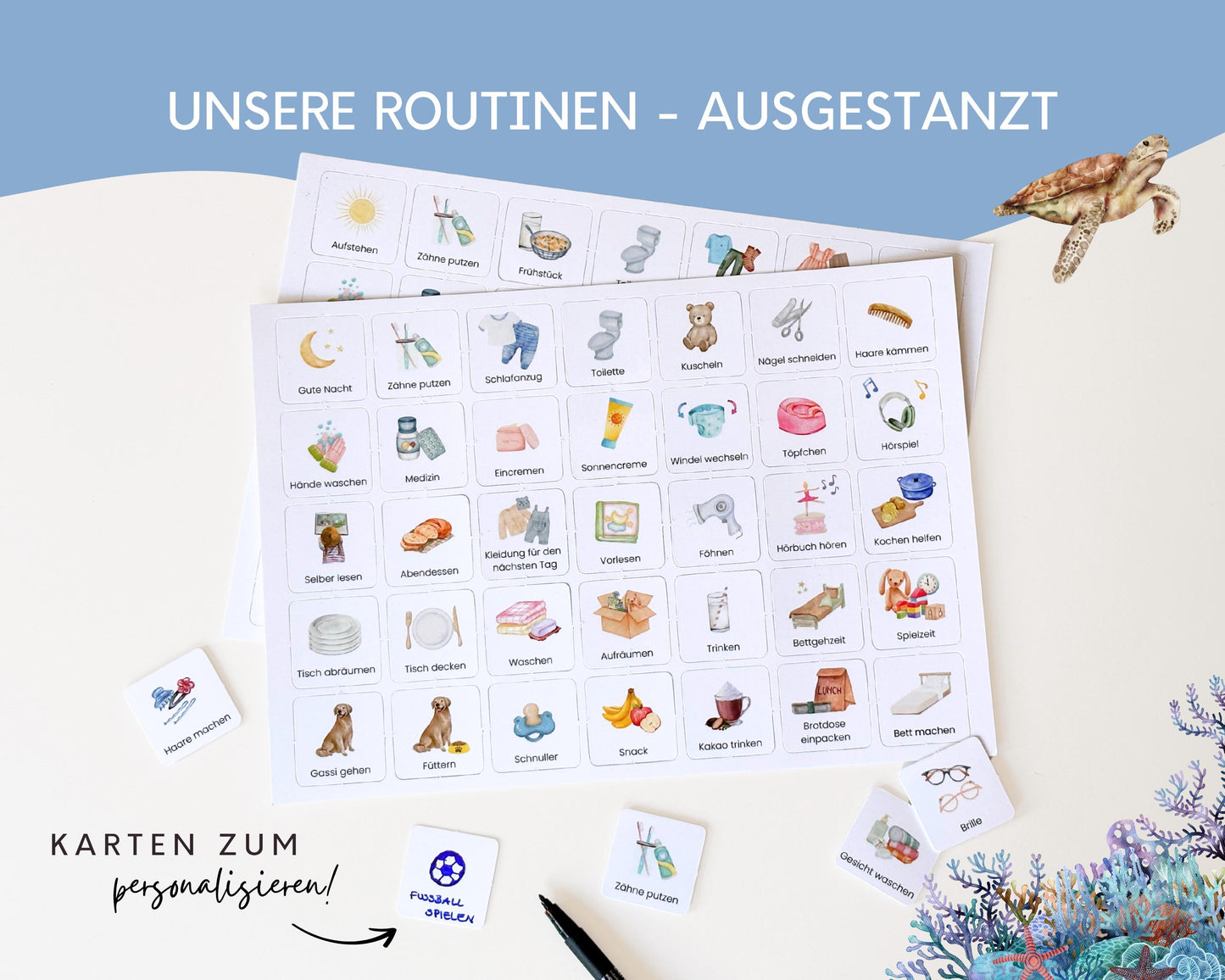 Routineplaner Montessori inkl. Symbolkarten - Design MEER - Personalisierbar