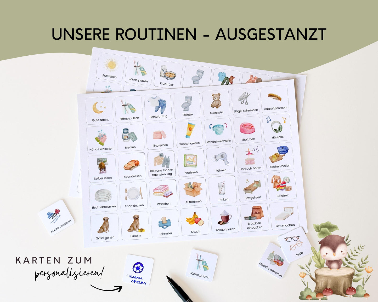 Routineplaner Montessori inkl. Symbolkarten - Design WALDTIERE - Personalisierbar