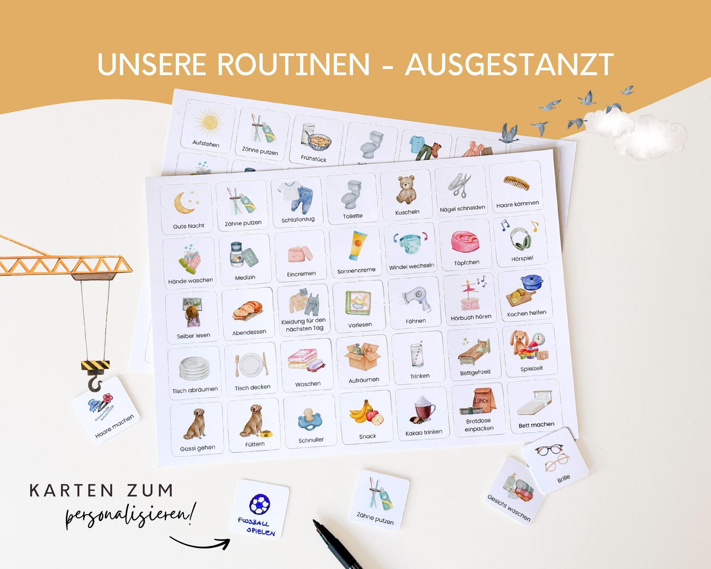 Routineplaner Montessori inkl. Symbolkarten - Design BAGGER - Personalisierbar
