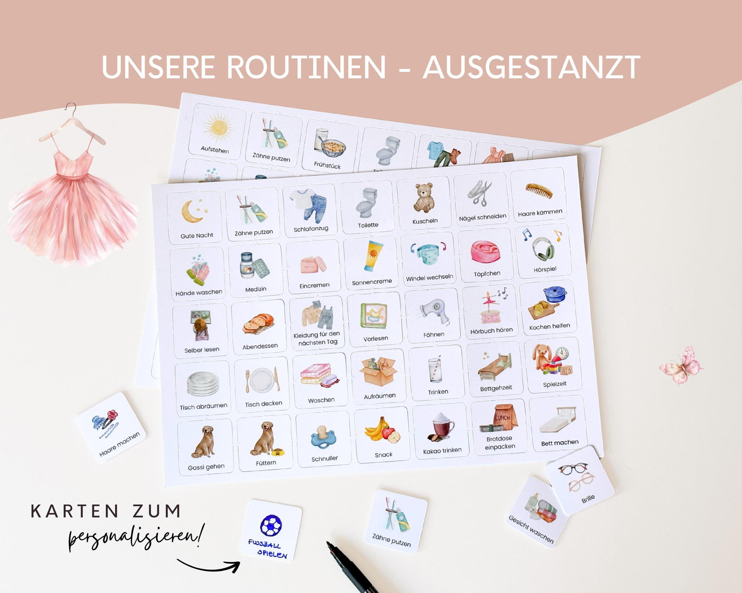 Routineplaner Montessori inkl. Symbolkarten - Design BALLERINA - Personalisierbar