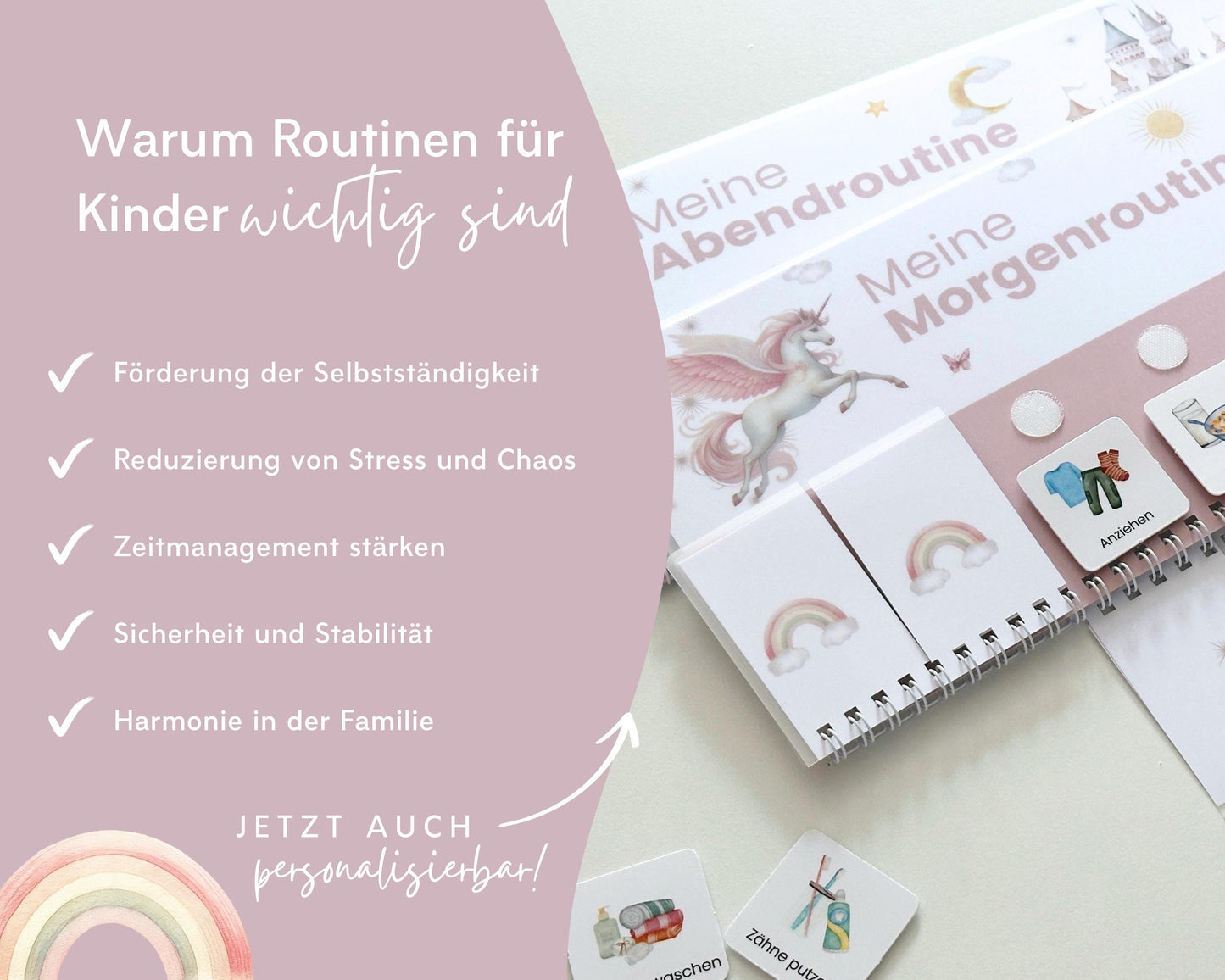 Routineplaner Montessori inkl. Symbolkarten - Design EINHORN - Personalisierbar