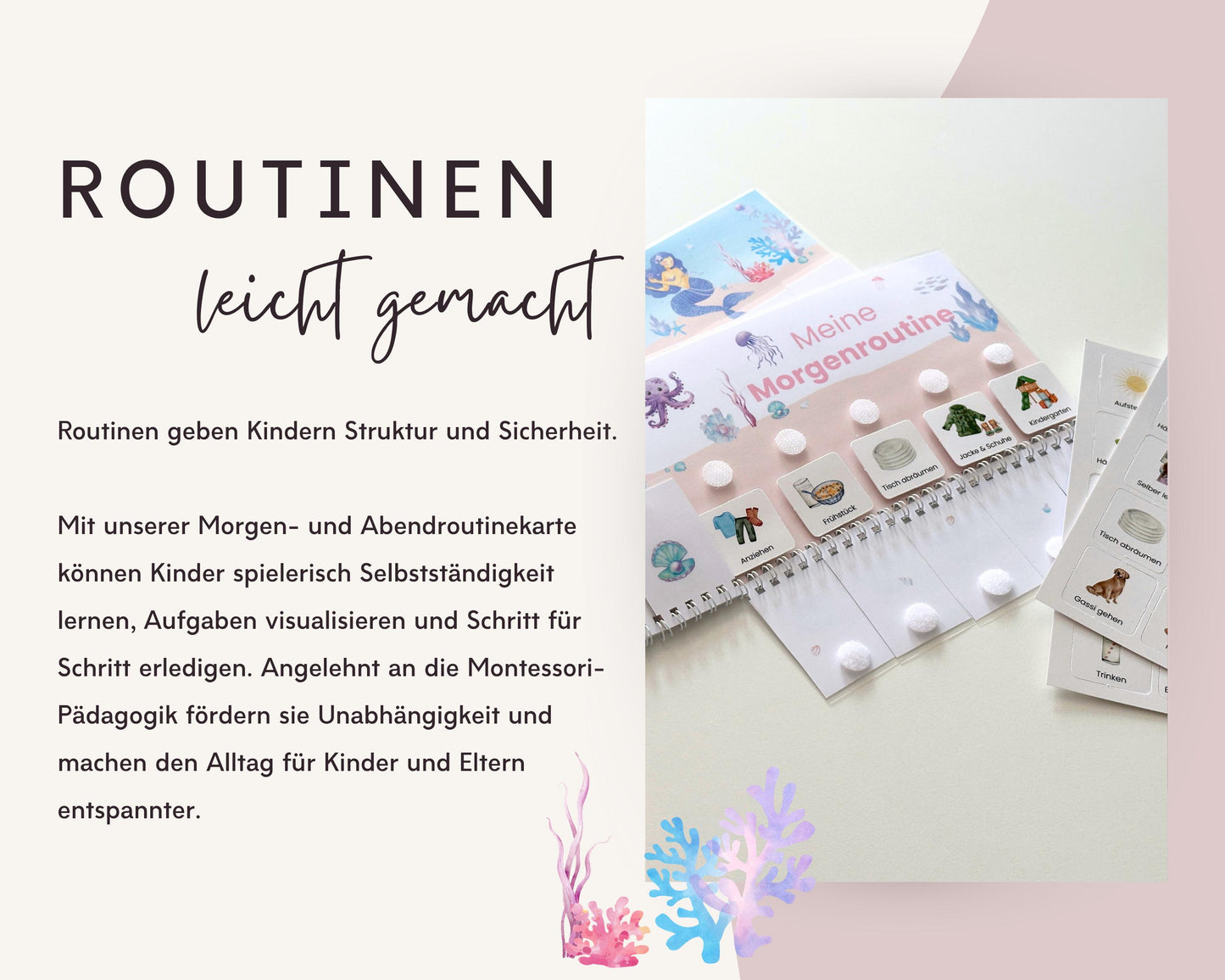 Routineplaner Montessori inkl. Symbolkarten - Design MEERJUNGFRAU ROSA - Personalisierbar