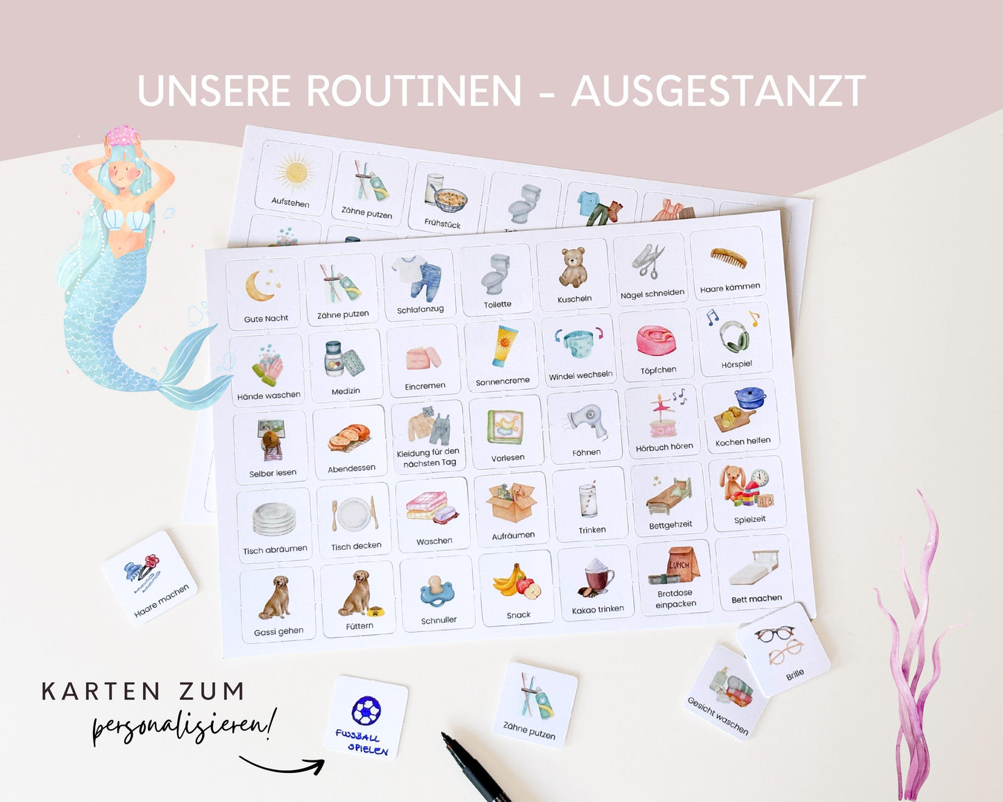 Routineplaner Montessori inkl. Symbolkarten - Design MEERJUNGFRAU ROSA - Personalisierbar