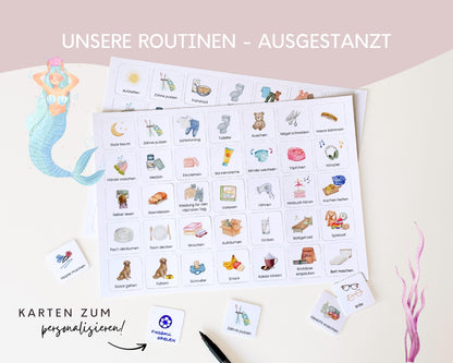 Routineplaner Montessori inkl. Symbolkarten - Design MEERJUNGFRAU ROSA - Personalisierbar