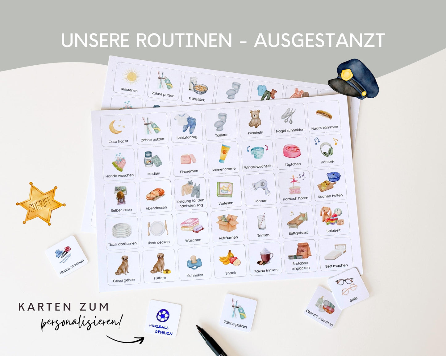 Routineplaner Montessori inkl. Symbolkarten - Design POLIZEI - Personalisierbar