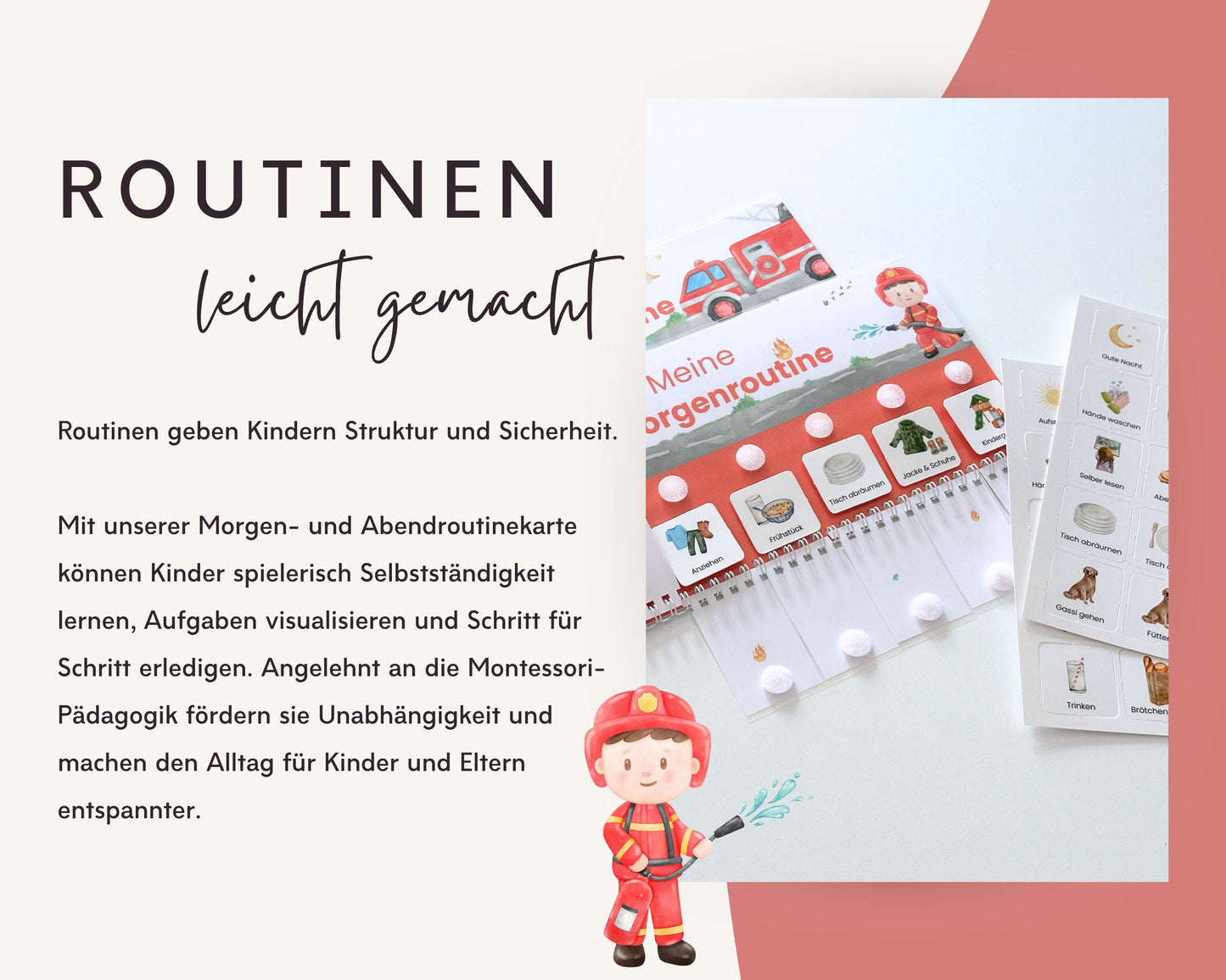 Routineplaner Montessori inkl. Symbolkarten - Design FEUERWEHR - Personalisierbar