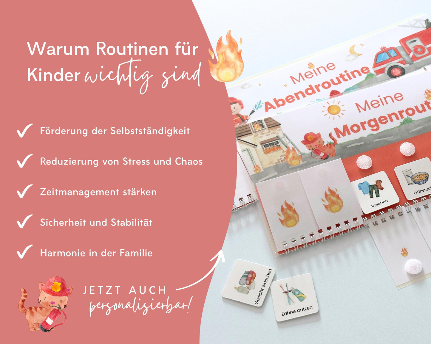 Routineplaner Montessori inkl. Symbolkarten - Design FEUERWEHR - Personalisierbar